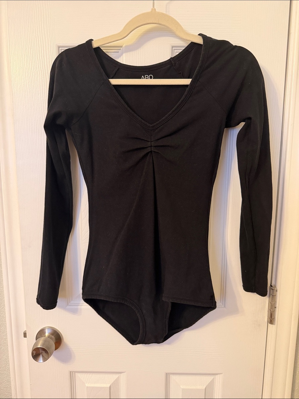 ARQ Black Long-Sleeve V-Neck Bodysuit with Ruched Front